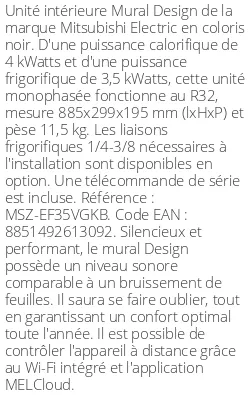 Split mural Design - 4 kWatts Noir - R32 - Mitsubishi Electric - Réf : MSZ-EF35VGKB