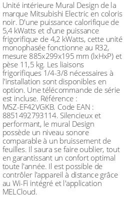 Split mural Design - 5.4 kWatts Noir - R32 - Mitsubishi Electric - Réf : MSZ-EF42VGKB