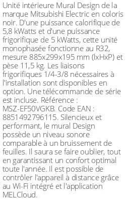 Split mural Design - 5.8 kWatts Noir - R32 - Mitsubishi Electric - Réf : MSZ-EF50VGKB