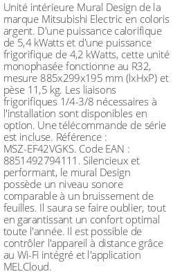 Split mural Design - 5.4 kWatts Argent - R32 - Mitsubishi Electric - Réf : MSZ-EF42VGKS