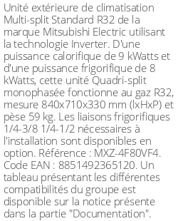 Unité extérieure Multi-split Standard 9 kWatts 4 sorties - R32 - Mitsubishi Electric - Réf : MXZ-4F80VF4