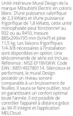 Split mural Design - 2.3 kWatts Blanc - R32/R410 - Mitsubishi Electric - Réf : MSZ-EF18VGKW