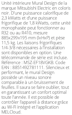 Split mural Design - 2.3 kWatts Noir - R32/R410 - Mitsubishi Electric - Réf : MSZ-EF18VGKB