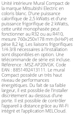 Split mural Compact - 2.5 kWatts - R32/R410 - Mitsubishi Electric - Réf : MSZ-AP20VGK