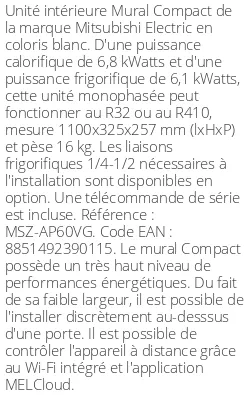 Split mural Compact - 6.8 kWatts - R32/R410 - Mitsubishi Electric - Réf : MSZ-AP60VG