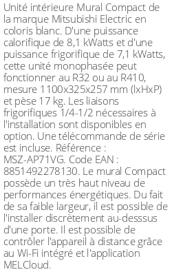 Split mural Compact - 8.1 kWatts - R32/R410 - Mitsubishi Electric - Réf : MSZ-AP71VG