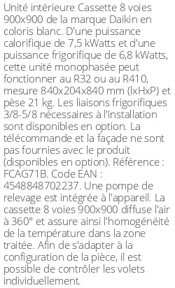 Cassette 8 voies 900 X 900 - 7.5 kWatts - R32/R410 - Daikin - Réf : FCAG71B