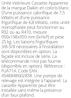 Cassette 4 voies Apparente - 7.5 kWatts - R32/R410 - Daikin - Réf : FUA71A