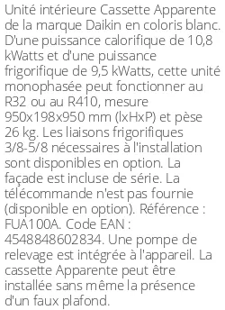 Cassette 4 voies Apparente - 10.8 kWatts - R32/R410 - Daikin - Réf : FUA100A
