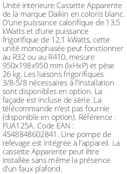 Cassette 4 voies Apparente - 13.5 kWatts - R32/R410 - Daikin - Réf : FUA125A