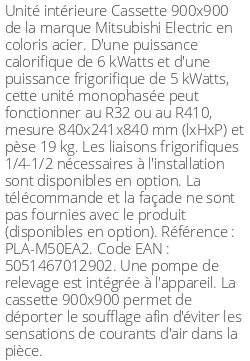 Cassette 4 voies 900 X 900 - 6 kWatts - R32/R410 - Mitsubishi Electric - Réf : PLA-M50EA2