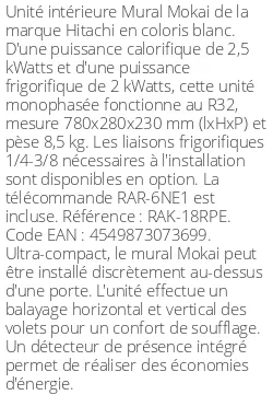 Split mural Mokai - 2.5 kWatts - R32 - Hitachi - Réf : RAK-18RPE