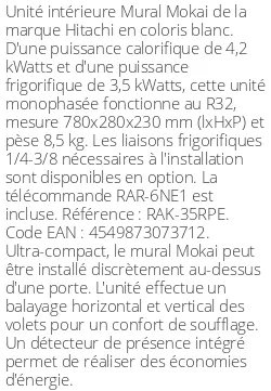 Split mural Mokai - 4.2 kWatts - R32 - Hitachi - Réf : RAK-35RPE