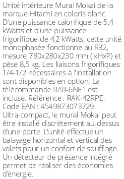 Split mural Mokai - 5.4 kWatts - R32 - Hitachi - Réf : RAK-42RPE