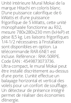 Split mural Mokai - 6 kWatts - R32 - Hitachi - Réf : RAK-50RPE