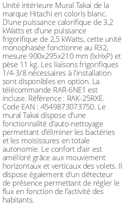 Split mural Takai - 3.2 kWatts - R32 - Hitachi - Réf : RAK-25RXE