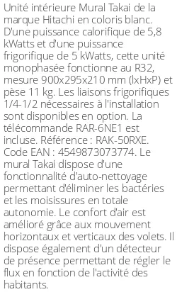 Split mural Takai - 5.8 kWatts - R32 - Hitachi - Réf : RAK-50RXE