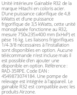 Gainable - R32 - 4.8 kWatts - R32 - Hitachi - Réf : RAD-35RPE