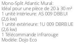 Climatiseur Mural Dojo Eco 2,6 kWatts