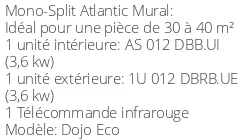 Climatiseur Mural Dojo Eco 3,6 kWatts