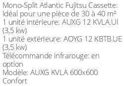 Climatiseur Cassette AUXG KVLA 600x600 Confort 3,5 kWatts