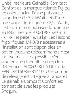 Gainable Compact Confort - 3.2 kWatts - R32 - Atlantic Fujitsu - Réf : ARXG 9 KLLA.UI