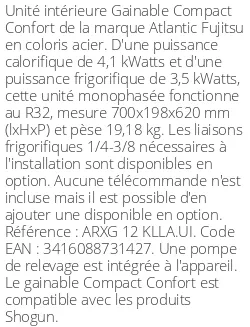 Gainable Compact Confort - 4.1 kWatts - R32 - Atlantic Fujitsu - Réf : ARXG 12 KLLA.UI
