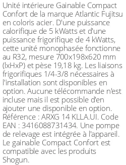 Gainable Compact Confort - 5 kWatts - R32 - Atlantic Fujitsu - Réf : ARXG 14 KLLA.UI
