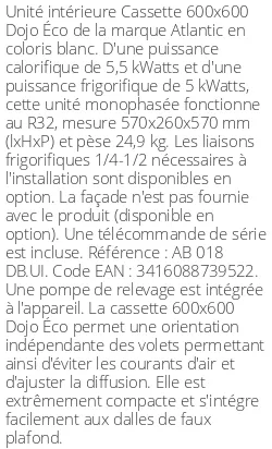 Cassette 4 voies 600 X 600 Dojo Éco - 5.5 kWatts - R32 - Atlantic - Réf : AB 018 DB.UI