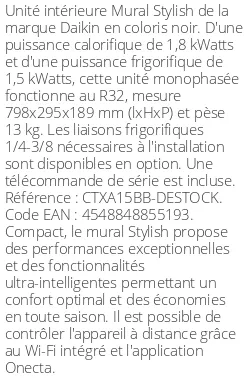 Split mural Stylish - 1.8 kWatts Noir - R32 - Daikin - Réf : CTXA15BB-DESTOCK