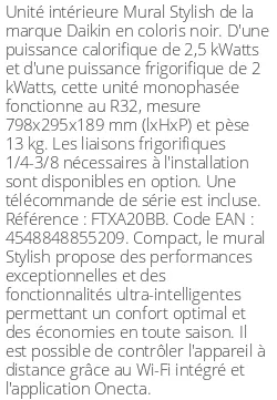 Split mural Stylish - 2.5 kWatts Noir - R32 - Daikin - Réf : FTXA20BB