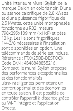 Split mural Stylish - 2.8 kWatts Noir - R32 - Daikin - Réf : FTXA25BB-DESTOCK