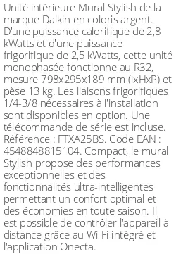 Split mural Stylish - 2.8 kWatts Argent - R32 - Daikin - Réf : FTXA25BS