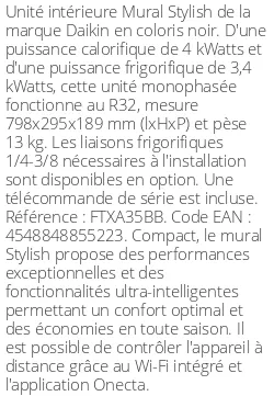 Split mural Stylish - 4 kWatts Noir - R32 - Daikin - Réf : FTXA35BB