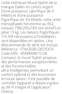 Split mural Stylish - 4 kWatts Argent - R32 - Daikin - Réf : FTXA35BS-DESTOCK