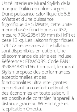 Split mural Stylish - 5.8 kWatts Argent - R32 - Daikin - Réf : FTXA50BS