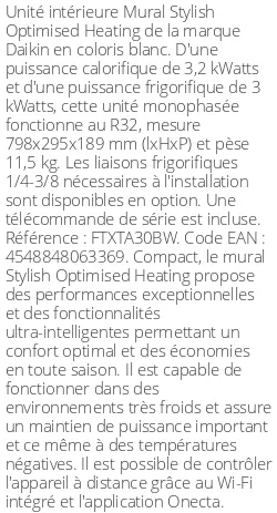 Split mural Stylish Optimised Heating - 3.2 kWatts Blanc - R32 - Daikin - Réf : FTXTA30BW