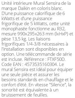 Split mural Sensira FTXF-D - 6 kWatts - R32 - Daikin - Réf : FTXF50D