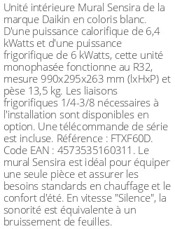 Split mural Sensira FTXF-D - 6.4 kWatts - R32 - Daikin - Réf : FTXF60D