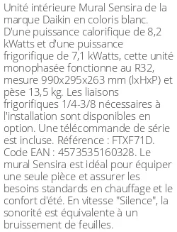 Split mural Sensira FTXF-D - 8.2 kWatts - R32 - Daikin - Réf : FTXF71D