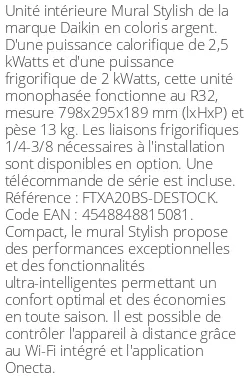 Split mural Stylish - 2.5 kWatts Argent - R32 - Daikin - Réf : FTXA20BS-DESTOCK