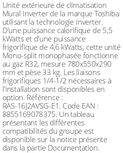 Unité extérieure Mural Inverter 5.5 kWatts - R32 - Toshiba - Réf : RAS-16J2AVSG-E1
