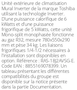 Unité extérieure Mural Inverter 6 kWatts - R32 - Toshiba - Réf : RAS-18J2AVSG-E