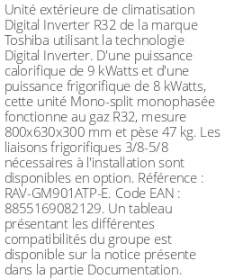Unité extérieure Digital Inverter Série 1 - 9 kWatts Monophasé - R32 - Toshiba - Réf : RAV-GM901ATP-E