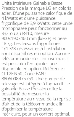 Gainable Basse Pression - 3.9 kWatts - R32/R410 - LG - Réf : CL12F.N50