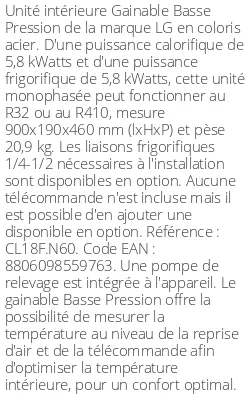 Gainable Basse Pression - 5.8 kWatts - R32/R410 - LG - Réf : CL18F.N60