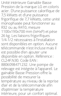 Gainable Basse Pression - 7.7 kWatts - R32/R410 - LG - Réf : CL24F.N30