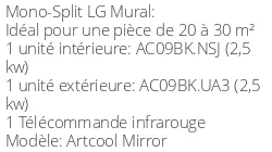 Climatiseur Mural Artcool Mirror 2,5 kWatts