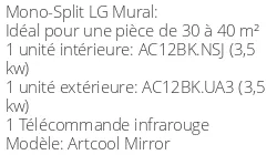 Climatiseur Mural Artcool Mirror 3,5 kWatts