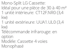 Climatiseur Cassette 4 voies Monophasé 3,4 kWatts